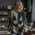 Halloween Spooky Face Colorblock Stitched Cozy Knit Sweater artswardrobe
