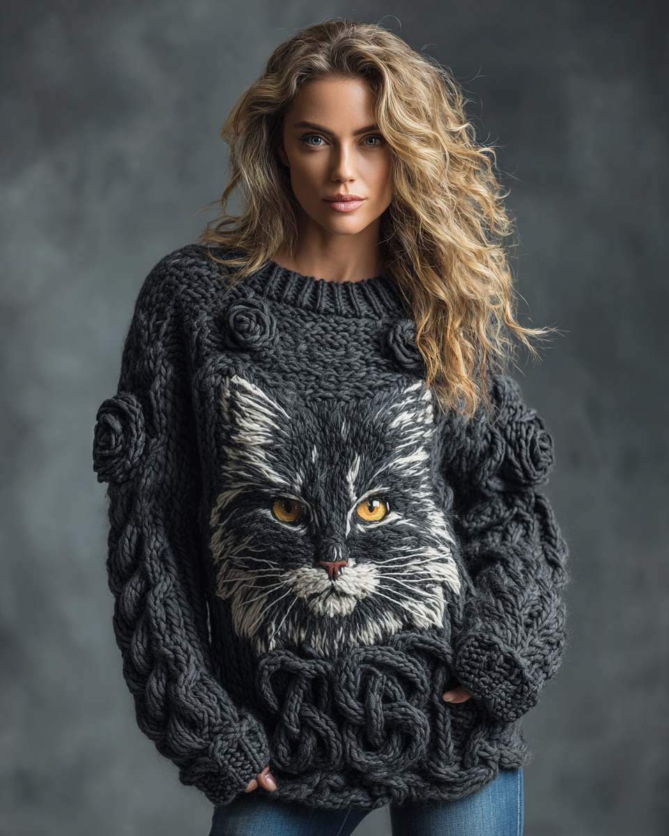 Women's Cute Cat Rose Art Knitted Warm Sweater elevenforest