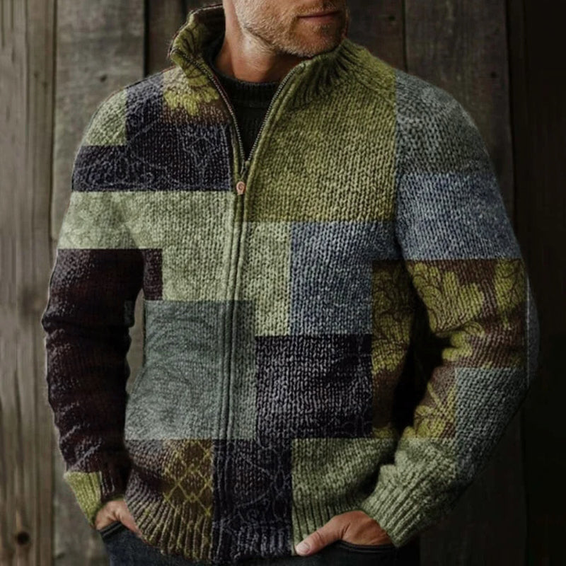 Men's Vintage Western Patchwork Design Graphic Zip Sweater artswardrobe