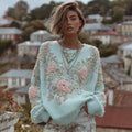 Comstylish Women's Vintage Bohemian Floral Knit Crew Neck Sweater