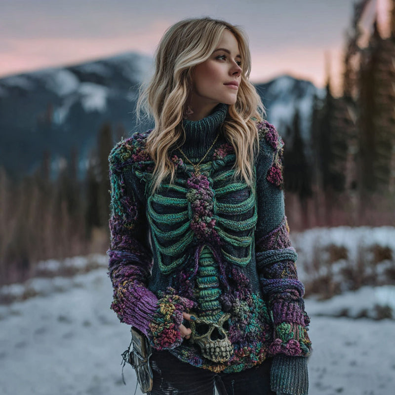 Comstylish Women's Vintage Purple Skeleton Art Cozy High Neck Sweater