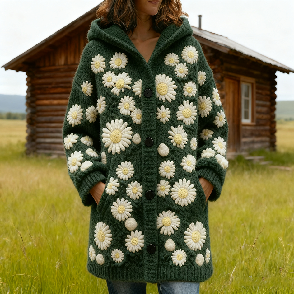 Comstylish Retro Forest Style Small Daisy Print Design Women's Knitted Hooded Sweater Jacket