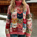 Comstylish Colorful Cats Pattern Art Cozy Knit Turtleneck Sweater