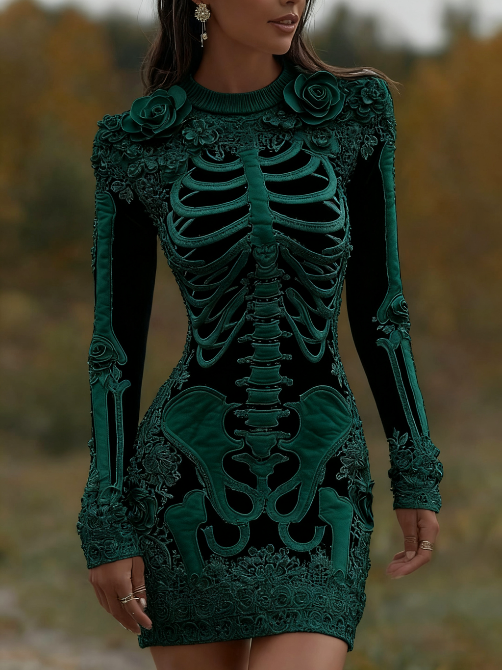 Comstylish Women's Vintage Halloween Skeleton Bones With Rose Art Cozy Knit Mini Sweater Dress