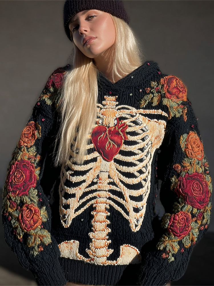 Comstylish Halloween Human Skeleton & Floral Embroidery Women's Knit Sweater