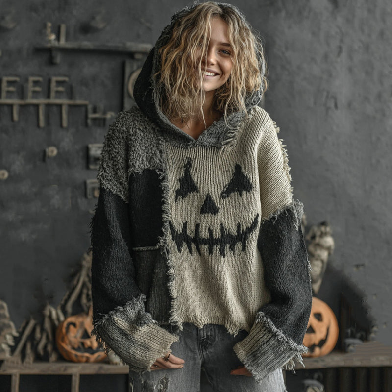 Halloween Spooky Face Contrast Stitched Hooded Cozy Knit Sweater artswardrobe
