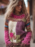 Boho Roses Crochet Colorblock Cozy Knit Sweater artswardrobe