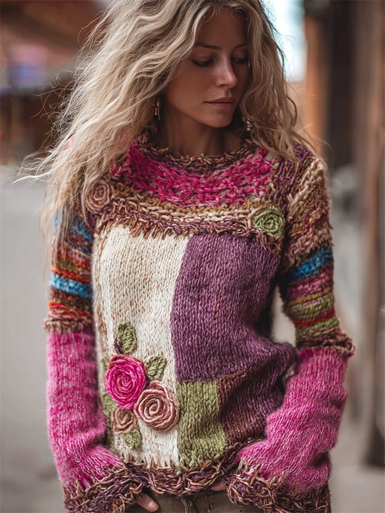 Boho Roses Crochet Colorblock Cozy Knit Sweater artswardrobe