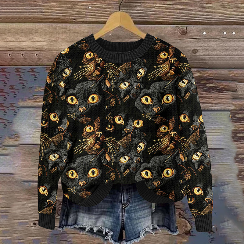 Women's Black Cat Embroidery Art Cozy Knit Sweater elevenforest
