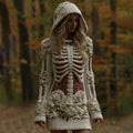Comstylish Women's Vintage Halloween Skull Floral Knit Hooded Sweater Mini Dress