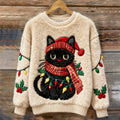 Christmas Lights Cat Women's Cozy Plush Sweater