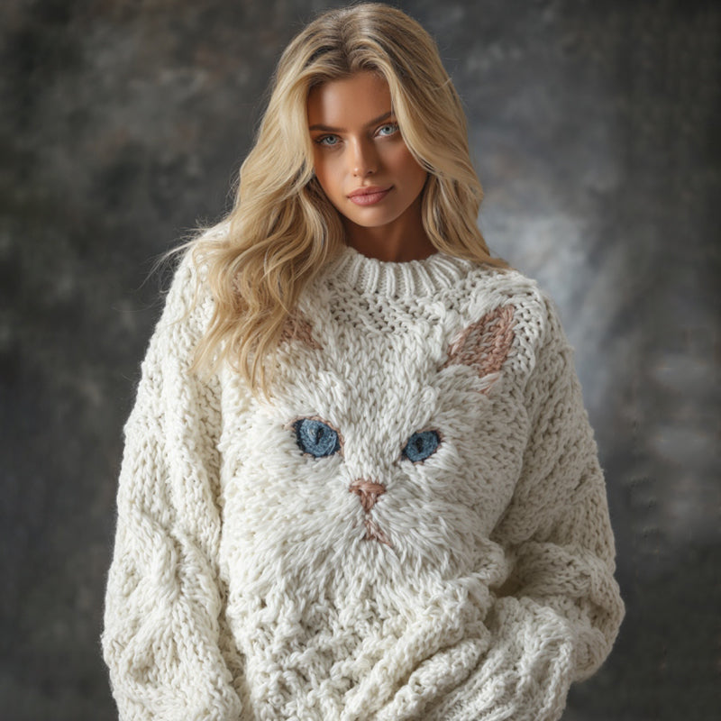 Women's Cute Cat Face Embroidered Cozy Knit Pullover Sweater elevenforest