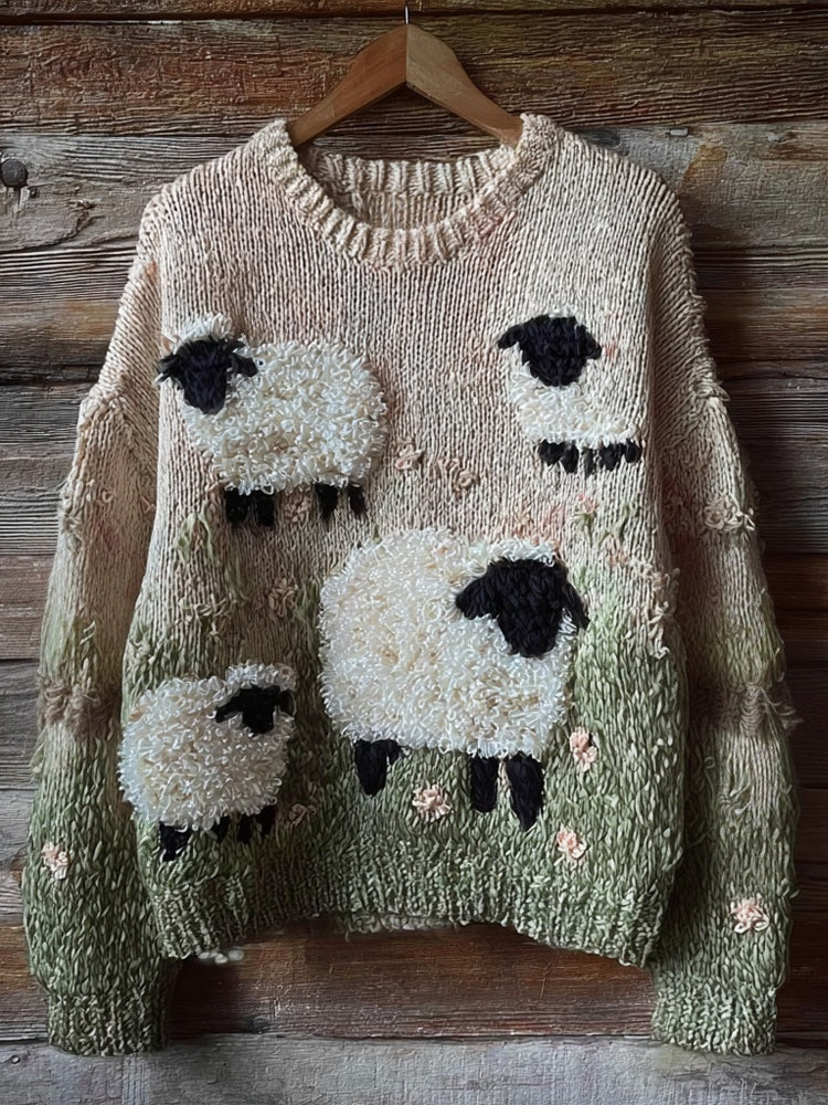 Comstylish Cute Fuzzy Blacknose Sheep Embroidered Cozy Knit Sweater