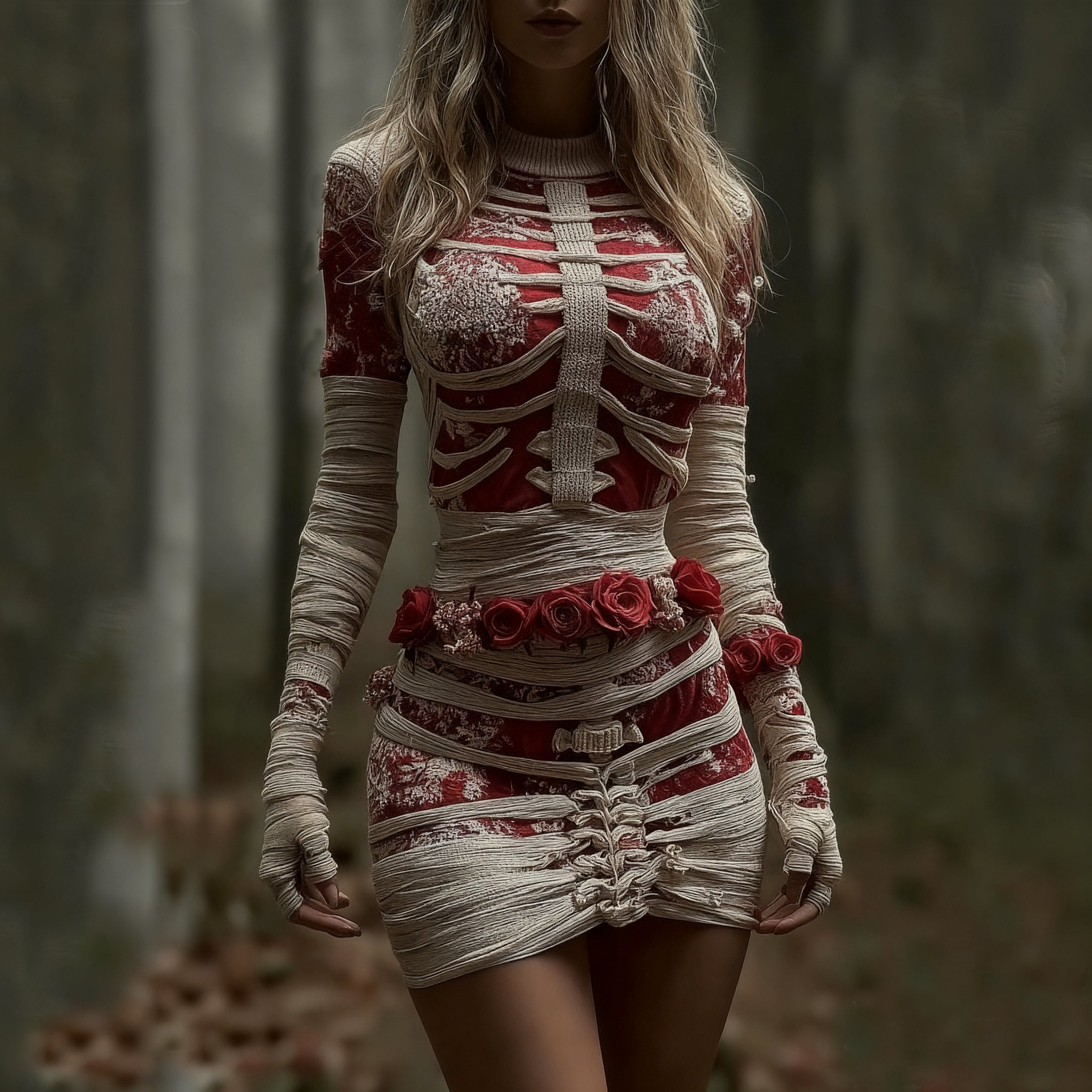 Women's Vintage Red Rose Skeleton Art Knit Mini Sweater Dress artswardrobe