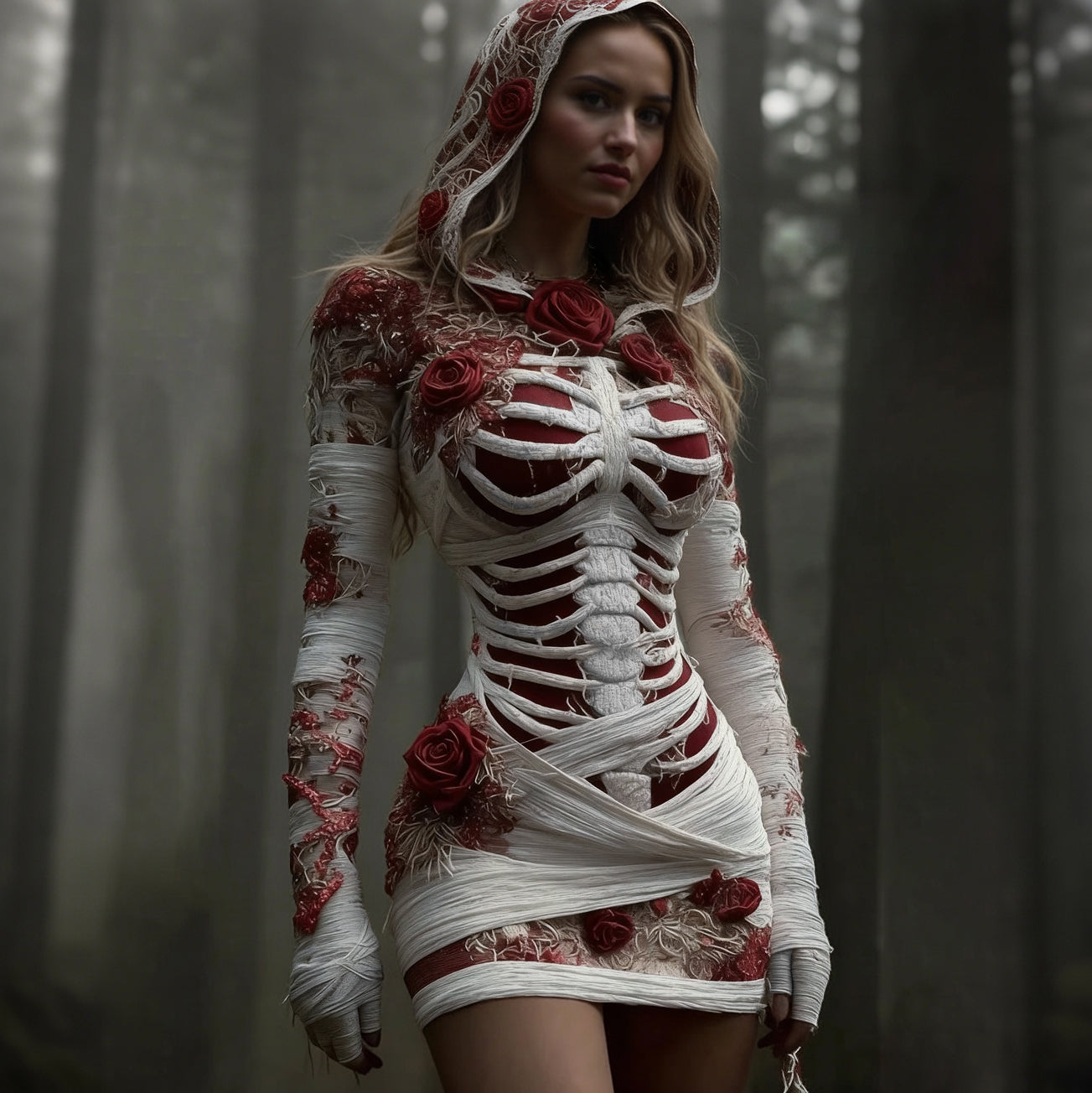 Women's Vintage Red Rose Skeleton Art Knit Hooded Mini Sweater Dress artswardrobe