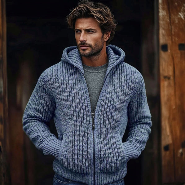 Men's Vintage Solid Color Zip Pocket Hooded Sweater elevenforest