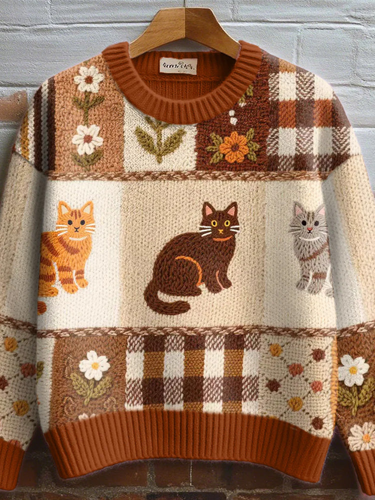 Comstylish Women's Fall Floral Cat Crochet Pattern Cozy Knit Sweater