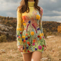 Wild Flowers Felt Embroidered Cozy Turtleneck Sweater Dress artswardrobe