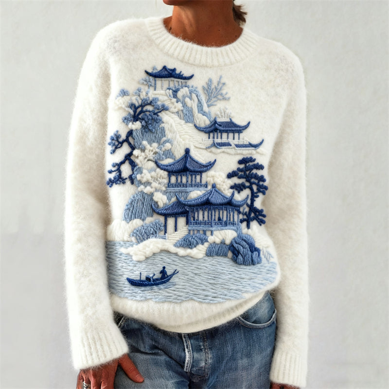 Japanese Buildings Pine Trees Mountain Landscape Embroidered Cozy Sweater