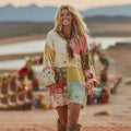 Comstylish Women's Patchwork Floral Art Cozy Knit Mini Sweater Dress