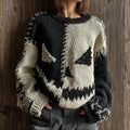 Women's Vintage Halloween Angry Pumpkin Face Patchwork Cozy Pullover Knit Sweater artswardrobe
