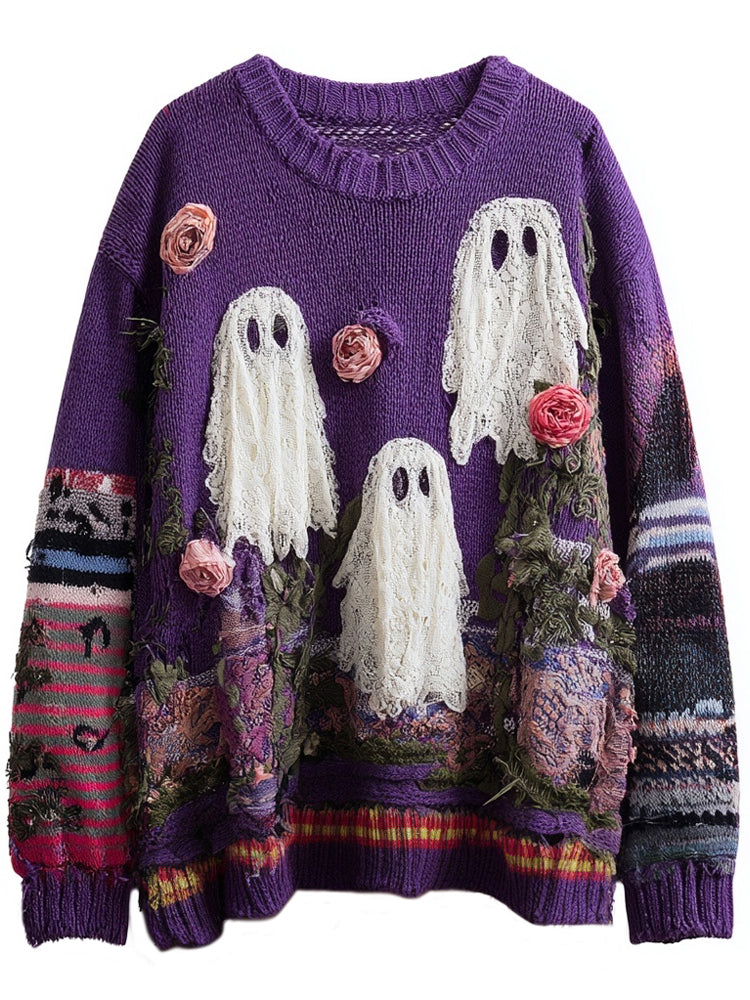 Vintage Ghost & Roses Embroidered Patchwork Cozy Knitted Sweater elevenforest