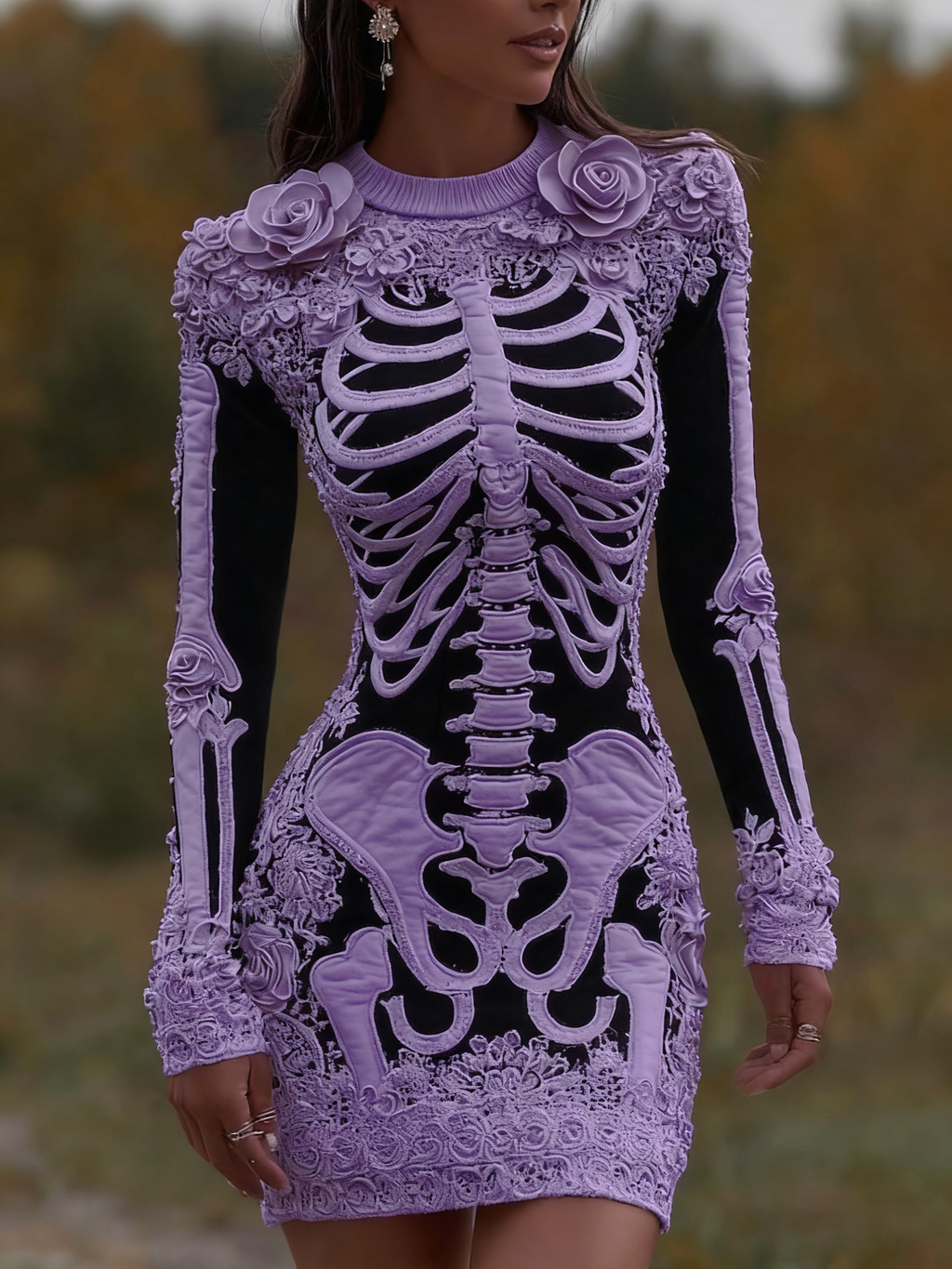 Comstylish Women's Vintage Halloween Skeleton Bones With Rose Art Cozy Knit Mini Sweater Dress