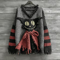 Halloween Caped Black Cat Striped Knitted Cozy V-neck Sweater artswardrobe
