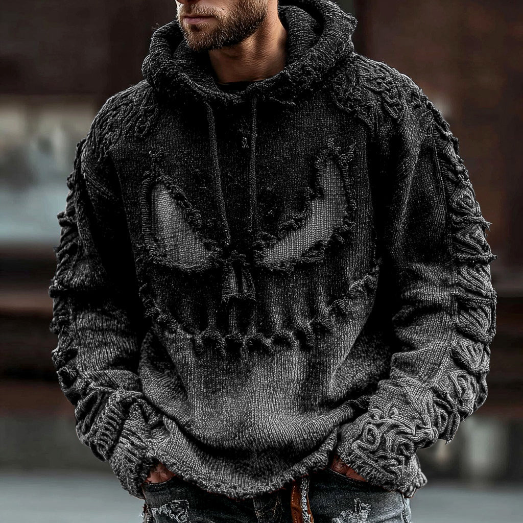 Men's Halloween Spooky Face Gradient Inspired Knitted Distressed Hooded Sweater elevenforest