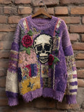 Vintage Skull & Roses Embroidered Patchwork Cozy Sweater artswardrobe