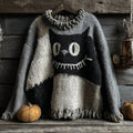 Halloween Black Cat Spooky Face Contrast Stitched Cozy Knit Sweater