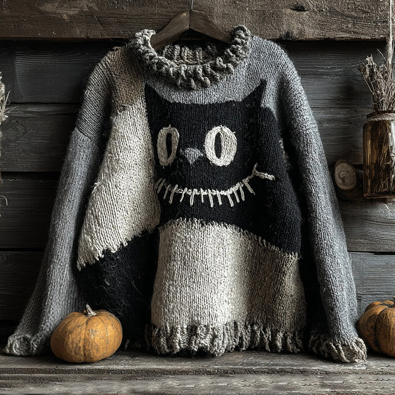 Halloween Black Cat Spooky Face Contrast Stitched Cozy Knit Sweater