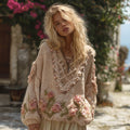 Women's Boho Rose Chunky Knit Crew Neck Aran Sweater artswardrobe