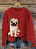 Comstylish Loyal Pug Dog Felt Art Cozy Knit Sweater