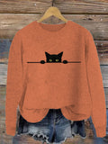 Women's Casual Funny Black Cat Print Sweater artswardrobe