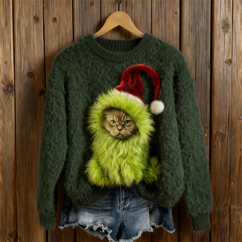 Comstylish Christmas Monster Angry Cat Cozy Knit Sweater