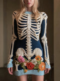 Comstylish Halloween Skeleton & Floral Embroidery Women's Knit Sweater