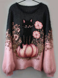 Black Cat & Pink Pumpkin Floral Embroidered Contrast Fuzzy Cozy Sweater elevenforest