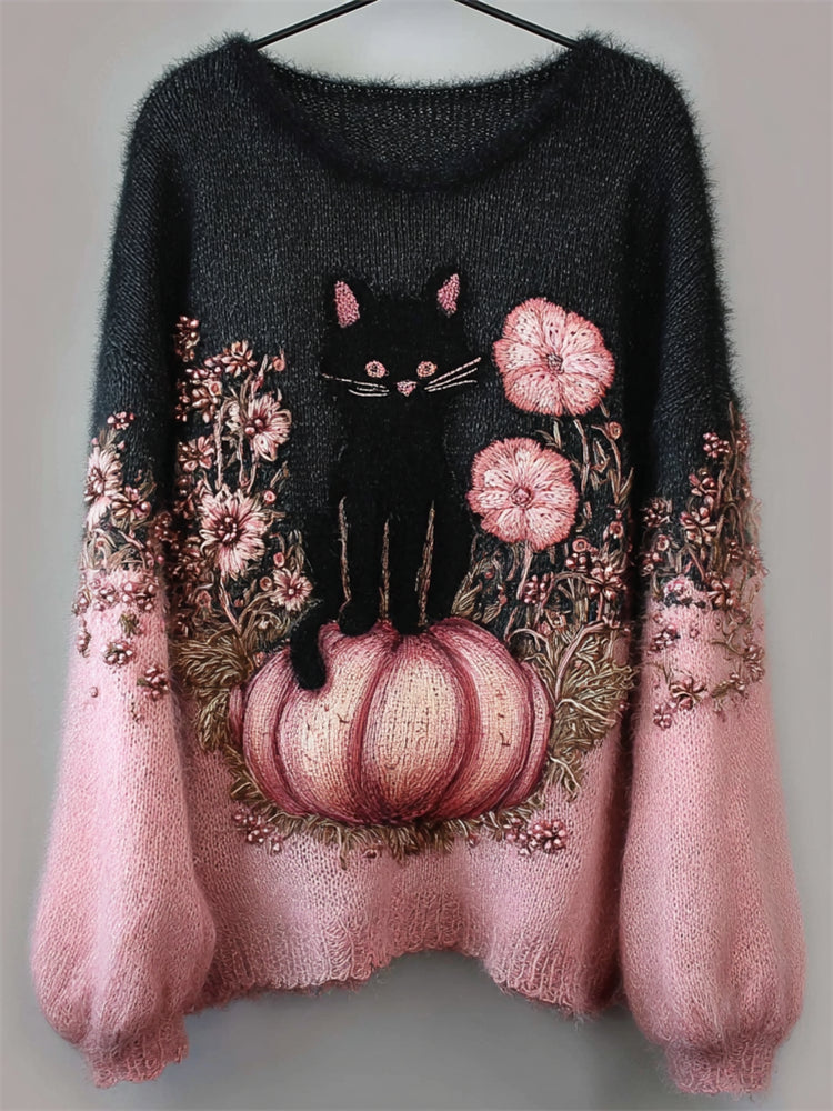 Black Cat & Pink Pumpkin Floral Embroidered Contrast Fuzzy Cozy Sweater elevenforest