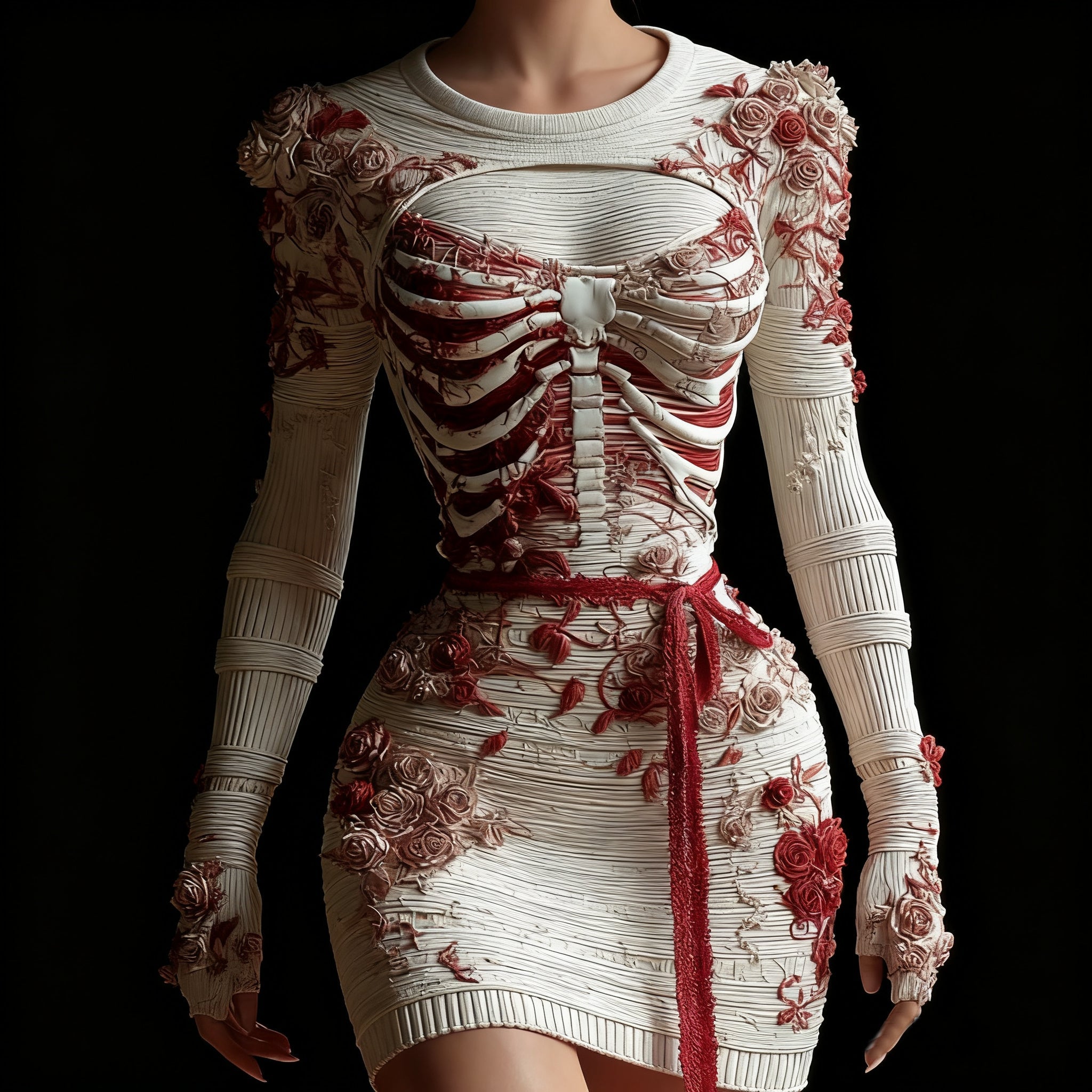 Comstylish Vintage Skeleton Anatomy Roses Crew Neck Sweater Dress