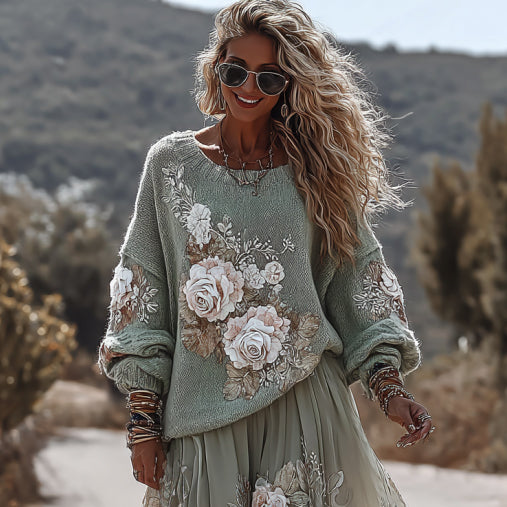 Classic Rose Art Cozy Knit Round Neck Sweater And Linen Skirt Two-piece Set artswardrobe