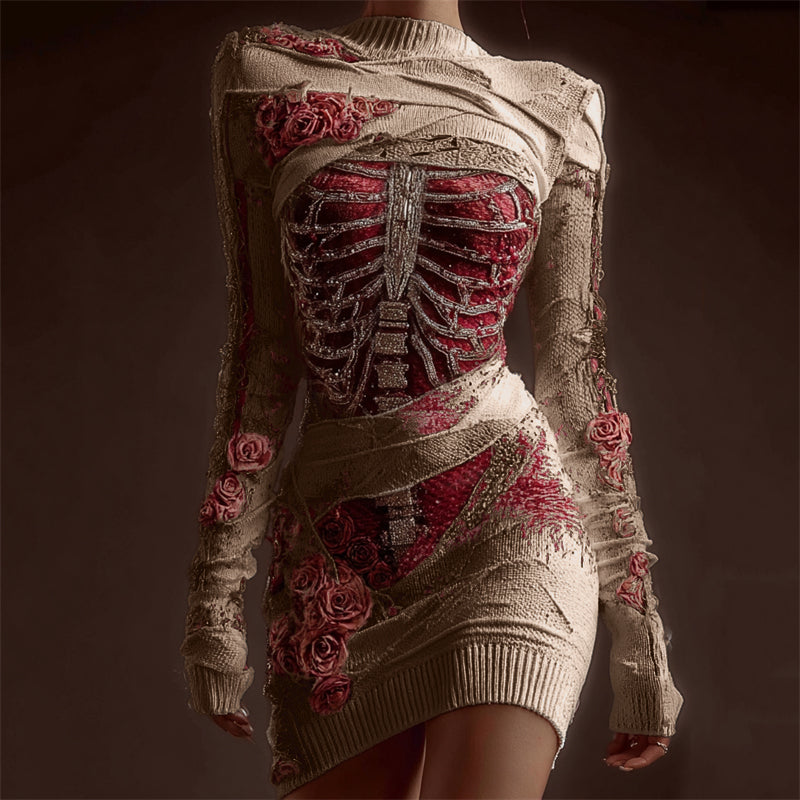 Comstylish Classy Skeleton Anatomy Bloody Roses Bandages Knit Sweater Dress