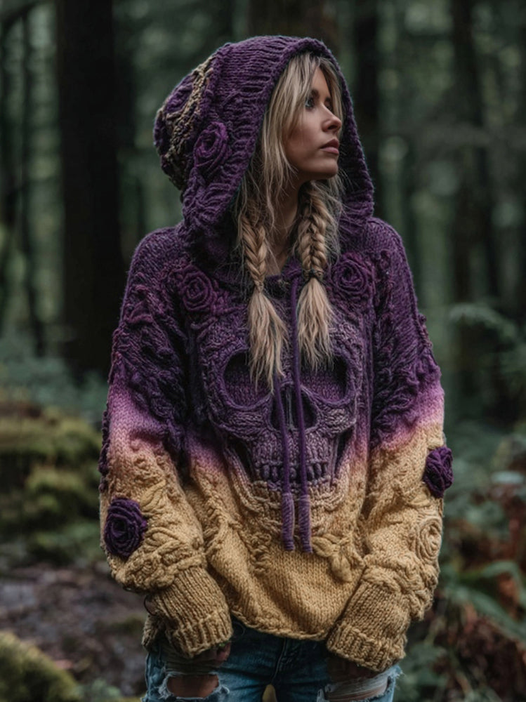 Women's Vintage Viking Skull And Rose Gradient Art Knit Hooded Sweater artswardrobe