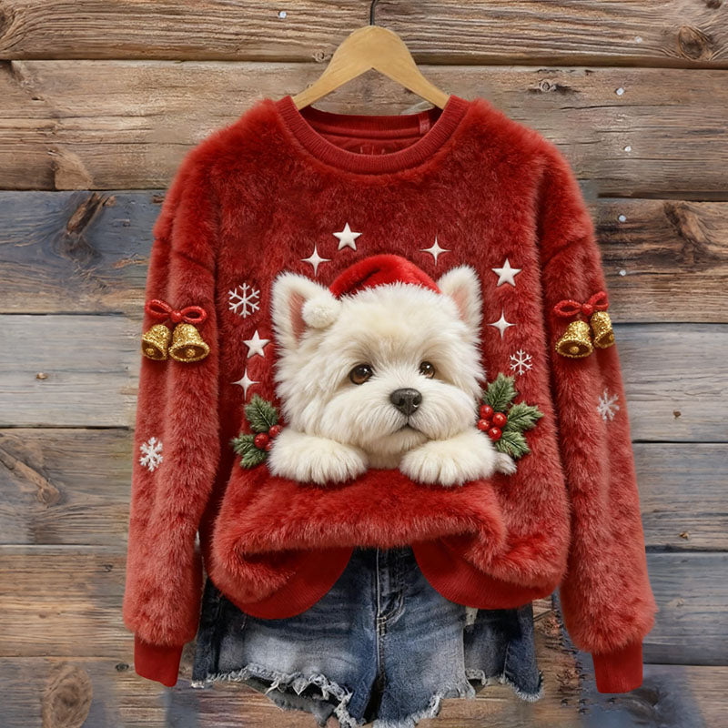 Comstylish Christmas Cute Dog Art Plush Pattern Sweater