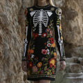 Comstylish Women's Vintage Halloween Skeleton Bones And Flower Comfortable Elegant Sweater Dress
