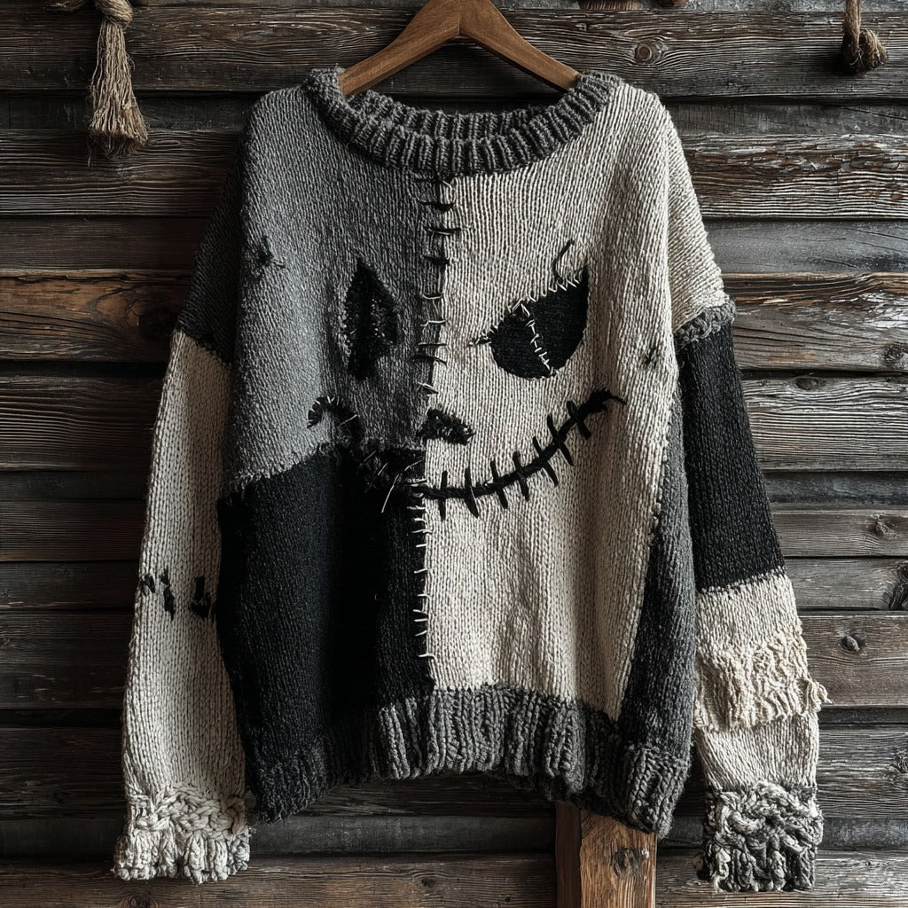 Halloween Spooky Face Contrast Stitched Cozy Knit Sweater artswardrobe