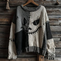 Halloween Spooky Face Contrast Stitched Cozy Knit Sweater elevenforest