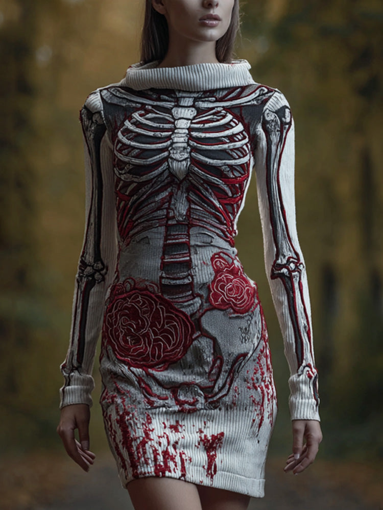 Comstylish Halloween Skull Floral Knitted Warm Hooded Sweater