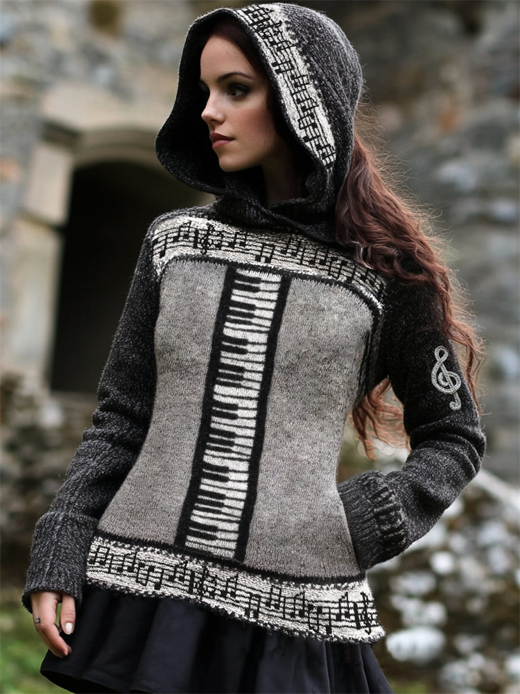 Music Notes & Piano Inspired Knit Contrast Color Hooded Sweater artswardrobe