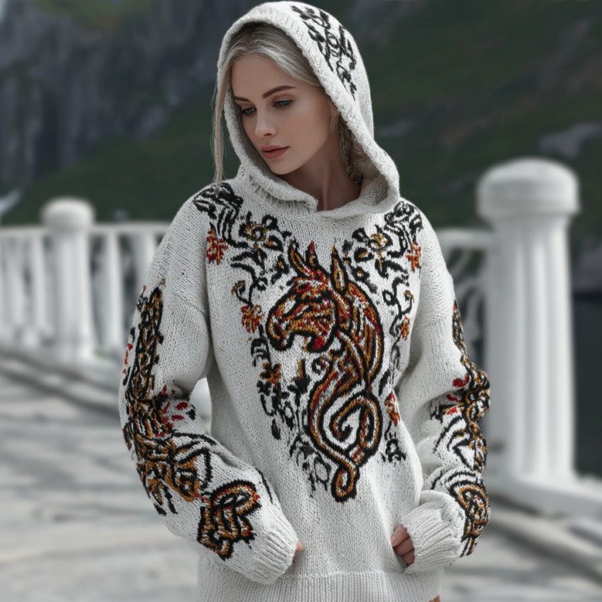 Comstylish Women's Retro Celtic Horse And Floral Pattern Comfortable Hooded Sweater